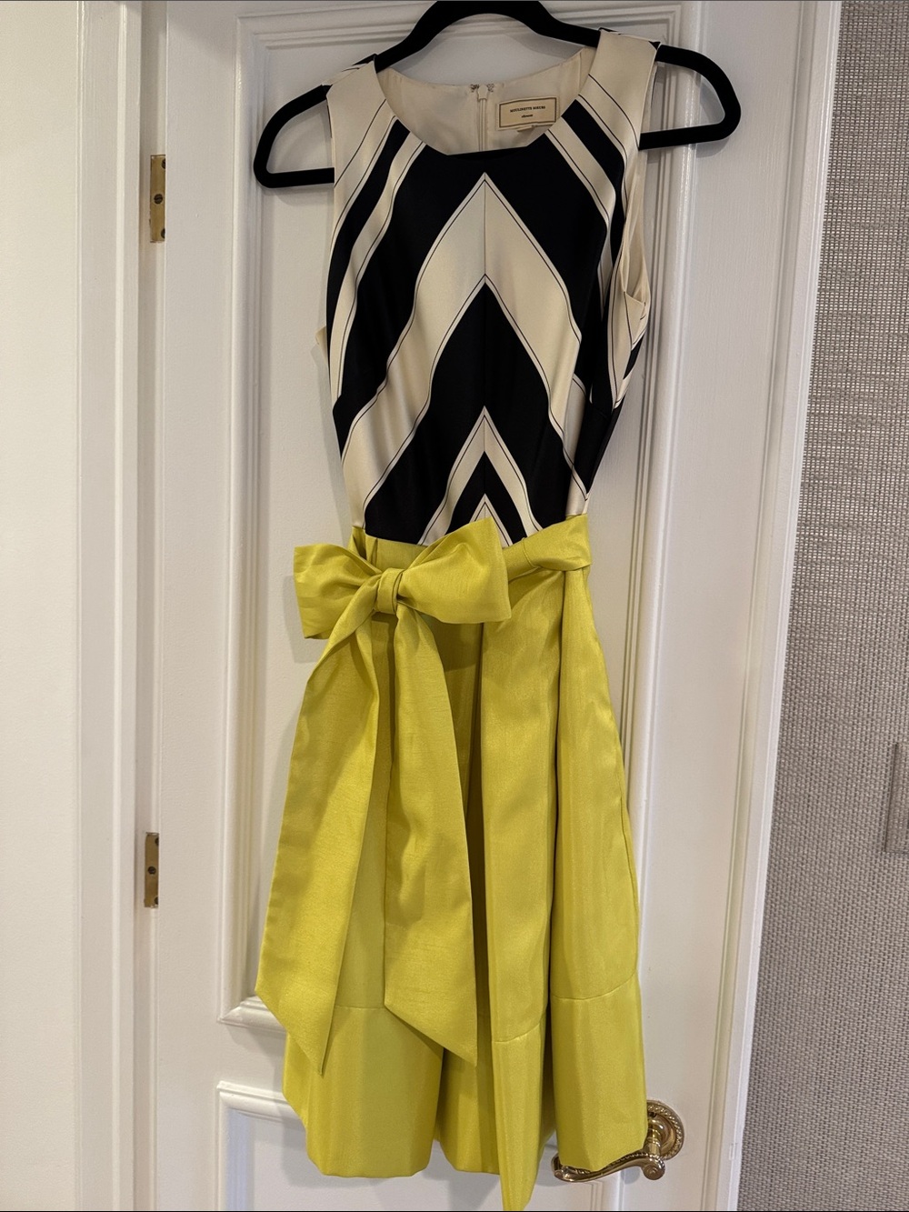 Moulinette Soeurs Dress with Black & Cream Chevron Top and Yellow Bow Skirt
